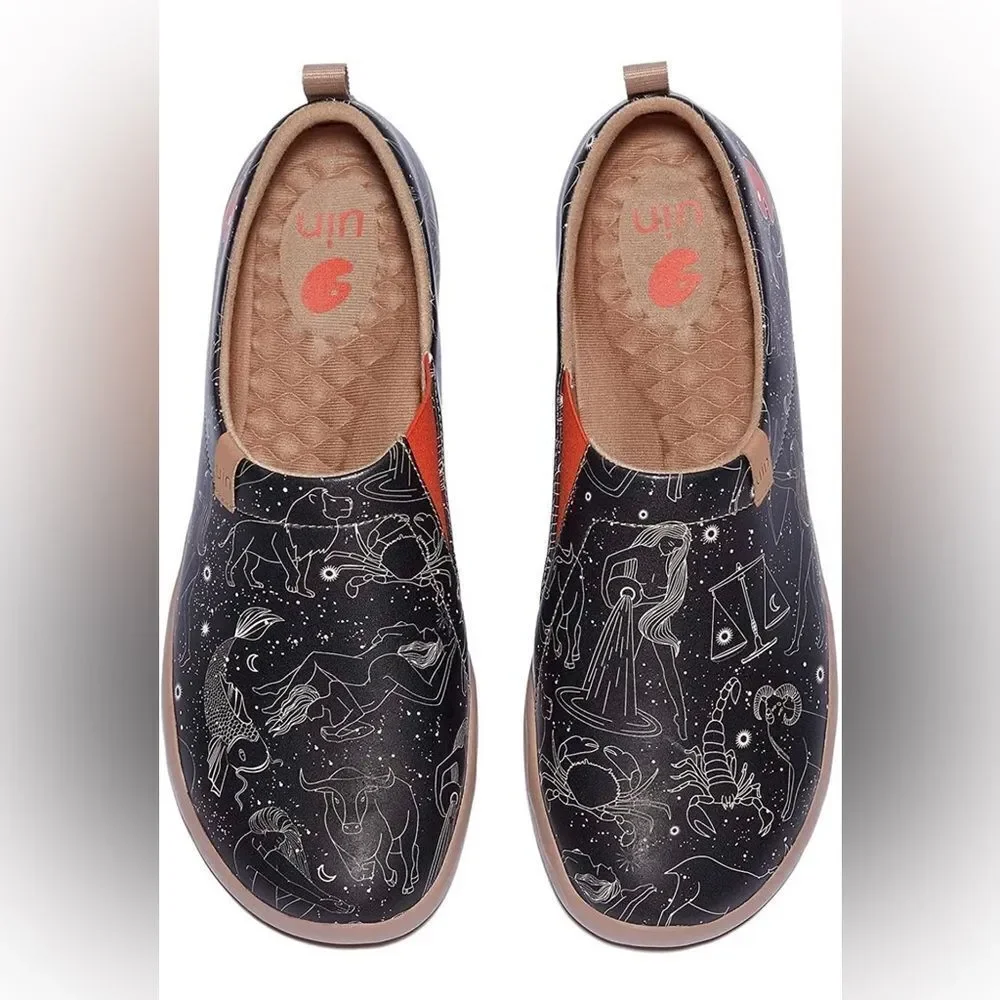 UIN Black Zodiac Constellation Slip-On Loafers with Tan Accents